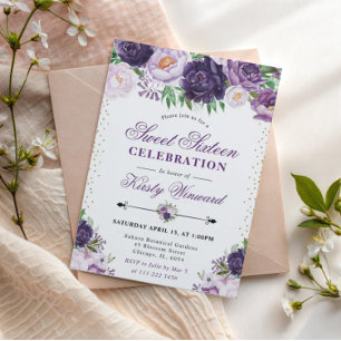 Watercolor Purple and Cream Flowers Sweet 16 Invitation