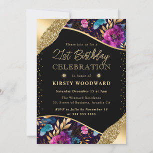 Watercolor Purple and Gold Flowers 21st Birthday Invitation