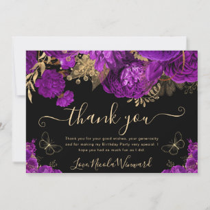 Watercolor Purple and Gold Flowers Birthday Thank You Card