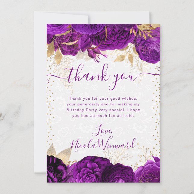 Watercolor Purple and Gold Flowers Birthday Thank You Card (Front)