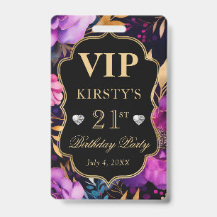 Watercolor Purple and Gold Flowers Birthday VIP ID Badge