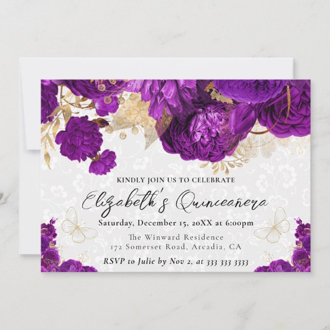 Watercolor Purple and Gold Flowers Quinceanera Invitation (Front)