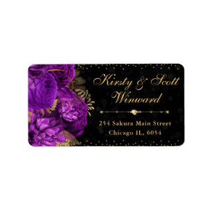 Watercolor Purple and Gold Flowers Wedding Label