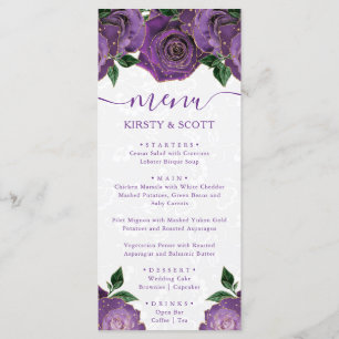 Watercolor Purple and Gold Flowers Wedding Menu