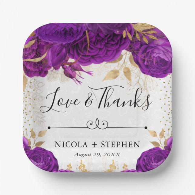 Watercolor Purple and Gold Flowers Wedding Paper Plate (Front)