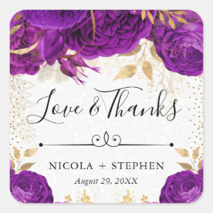 Watercolor Purple and Gold Flowers Wedding Square Sticker