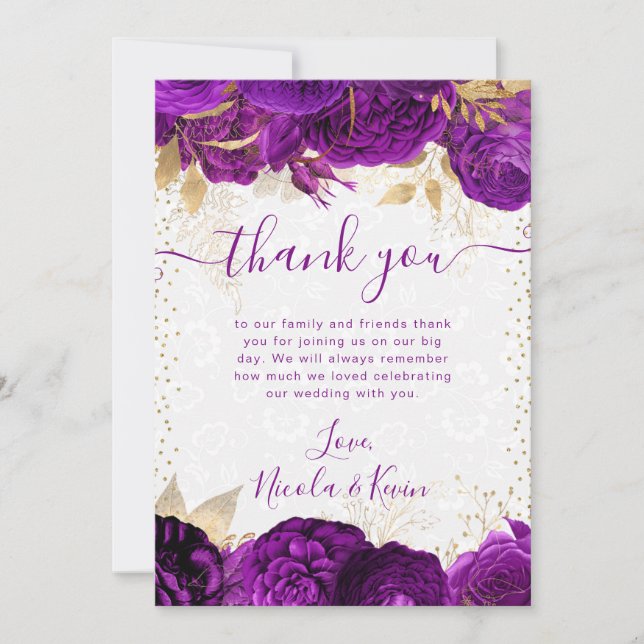 Watercolor Purple and Gold Flowers Wedding Thank You Card (Front)