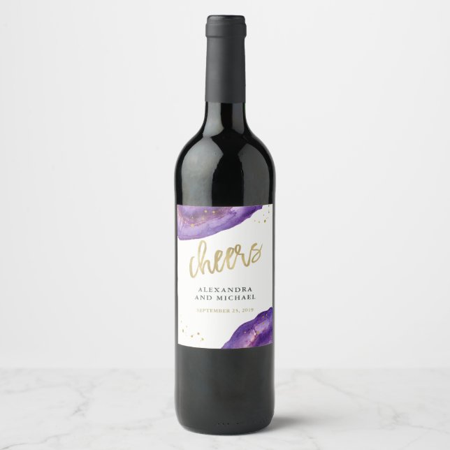 Watercolor Purple and Gold Geode Wedding Cheers Wine Label (Front)