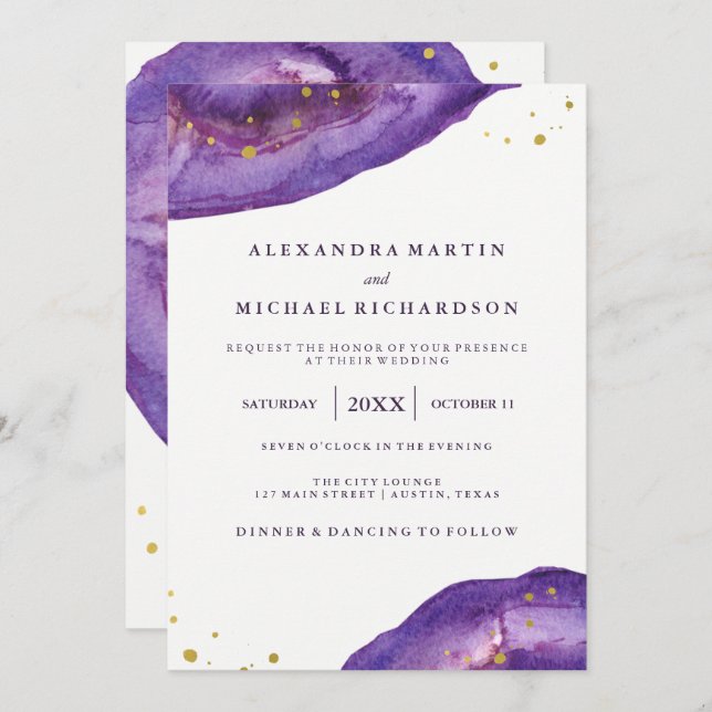 Watercolor Purple and Gold Geode Wedding II Invitation (Front/Back)