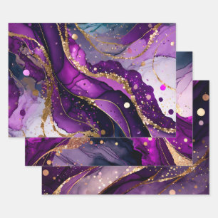 Watercolor Purple and Gold Glitter Alcohol Ink Wrapping Paper Sheet