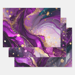 Watercolor Purple and Gold Glitter Alcohol Ink Wrapping Paper Sheet