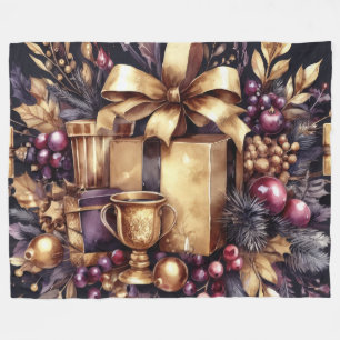 Watercolor Purple and Gold Holiday Motifs Collage Fleece Blanket