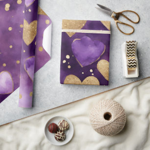 Watercolor Purple and Gold Ink Valentines Hearts Wrapping Paper