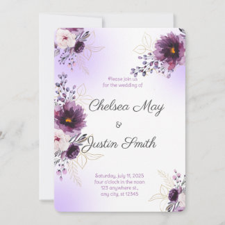 Watercolor purple and gold Peony Wedding Invitation