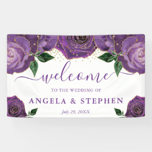 Watercolor Purple and Gold Roses Wedding Banner