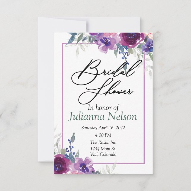 Watercolor purple and mauve floral  invitation (Front)
