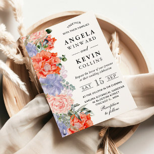 Watercolor Purple and Orange Flowers Wedding Invitation