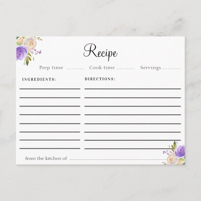 Watercolor purple and peach floral recipe card (Front)