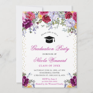 Watercolor Purple and Pink Flowers Graduation Invitation