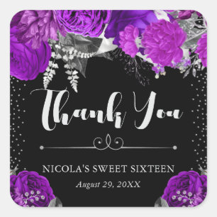 Watercolor Purple and Silver Flowers Sweet 16 Square Sticker