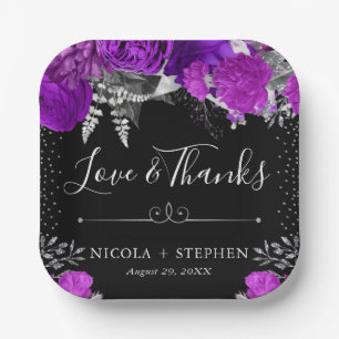 Watercolor Purple and Silver Flowers Wedding Paper Plate