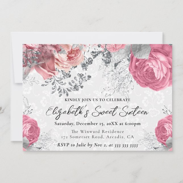 Watercolor Purple and Silver Roses Sweet Sixteen Invitation (Front)