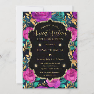 Watercolor Purple and Teal Flowers Sweet 16 Invitation