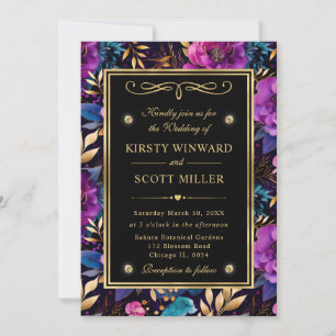 Watercolor Purple and Teal Flowers Wedding Invitation