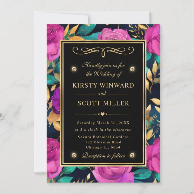 Watercolor Purple and Teal Flowers Wedding Invitation (Front)