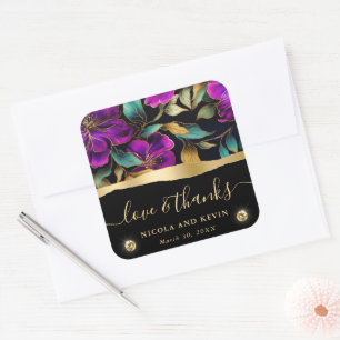 Watercolor Purple and Teal Flowers Wedding Square Sticker
