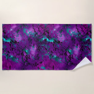 Watercolor Purple and Teal Marble Galaxy Beach Towel