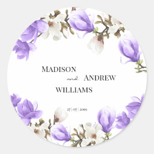 Watercolor Purple and White Magnolia Blossom Classic Round Sticker