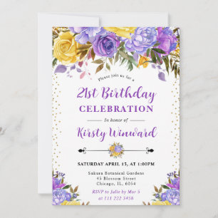Watercolor Purple and Yellow Flowers 21st Birthday Invitation