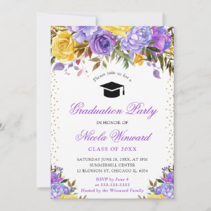 Watercolor Purple and Yellow Flowers Graduation Invitation