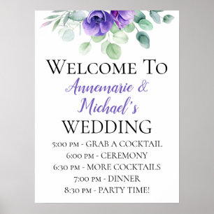 Watercolor Purple Anemones Wedding Welcome Poster