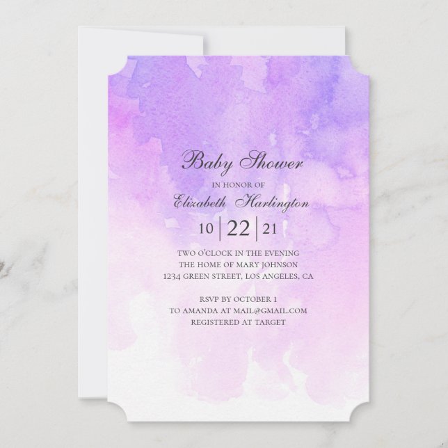 Watercolor purple baby shower. Lavender modern Invitation (Front)