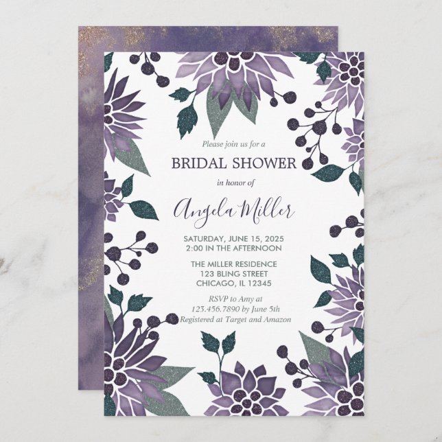 Watercolor Purple Bling Floral Frame Bridal Shower Invitation (Front/Back)