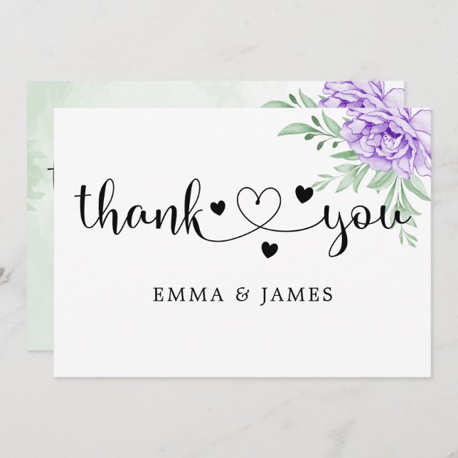 Watercolor Purple Blooms Bouquet Wedding Thank You Card (Front/Back)