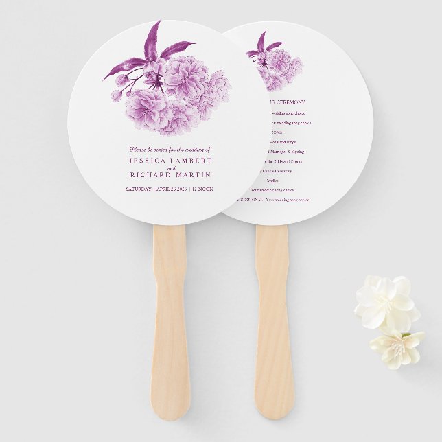 Watercolor purple blossom wedding program fans (Front and Back)