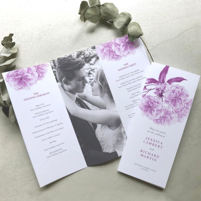 Watercolor purple blossom wedding trifold program flyer (Creator Uploaded)