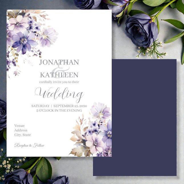 Watercolor Purple & Blue Floral Wedding Invitation (Creator Uploaded)
