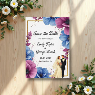 Watercolor Purple Blue Flowers Elegant Wedding Save The Date