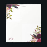 Watercolor Purple Boho Floral Autumn Personalised Notepad<br><div class="desc">A bohemian-inspired notepad featuring watercolor illustrations of purple,  red and pink roses and peonies with feathers accent. This floral notepad will be perfect for personal use.</div>