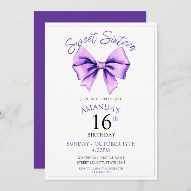 Watercolor Purple Bow Sweet 16 Birthday Invitation (Front/Back)