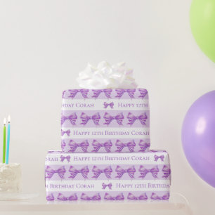 Watercolor purple bow white stripe pattern custom wrapping paper