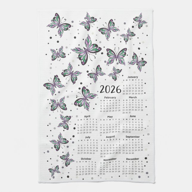 Watercolor Purple Butterflies 2026 Calendar Tea Towel (Vertical)
