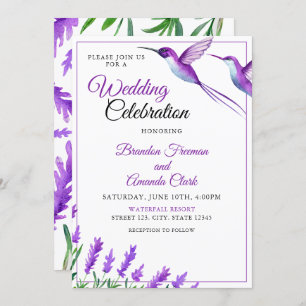 Watercolor Purple Chic Floral Hummingbird Wedding Invitation