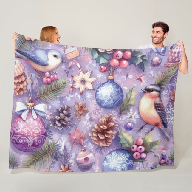 Watercolor Purple Christmas Motifs Holiday Birds Fleece Blanket (In Situ)