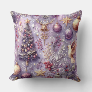 Watercolor Purple Christmas Motifs Holiday Cushion