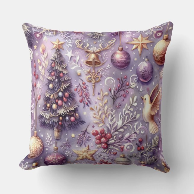 Watercolor Purple Christmas Motifs Holiday Cushion (Front)